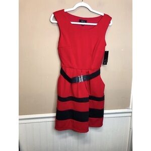 BCX Red Black Sleeveless Belted Dress Size S NWT